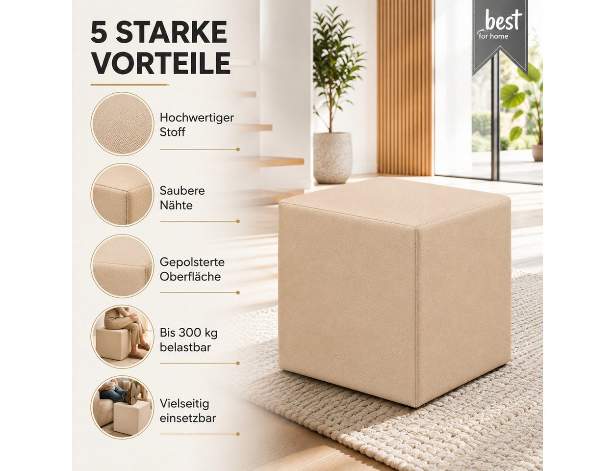 Best for Home Sitzhocker Cube Pouf – Stilvoller Samt Hocker & Fußhocker (Einzelstück, 1 St., verschiedene Farben), Handwerksqualität,TOP Preis-Leistungs-Verhält – Bild 2 von 5