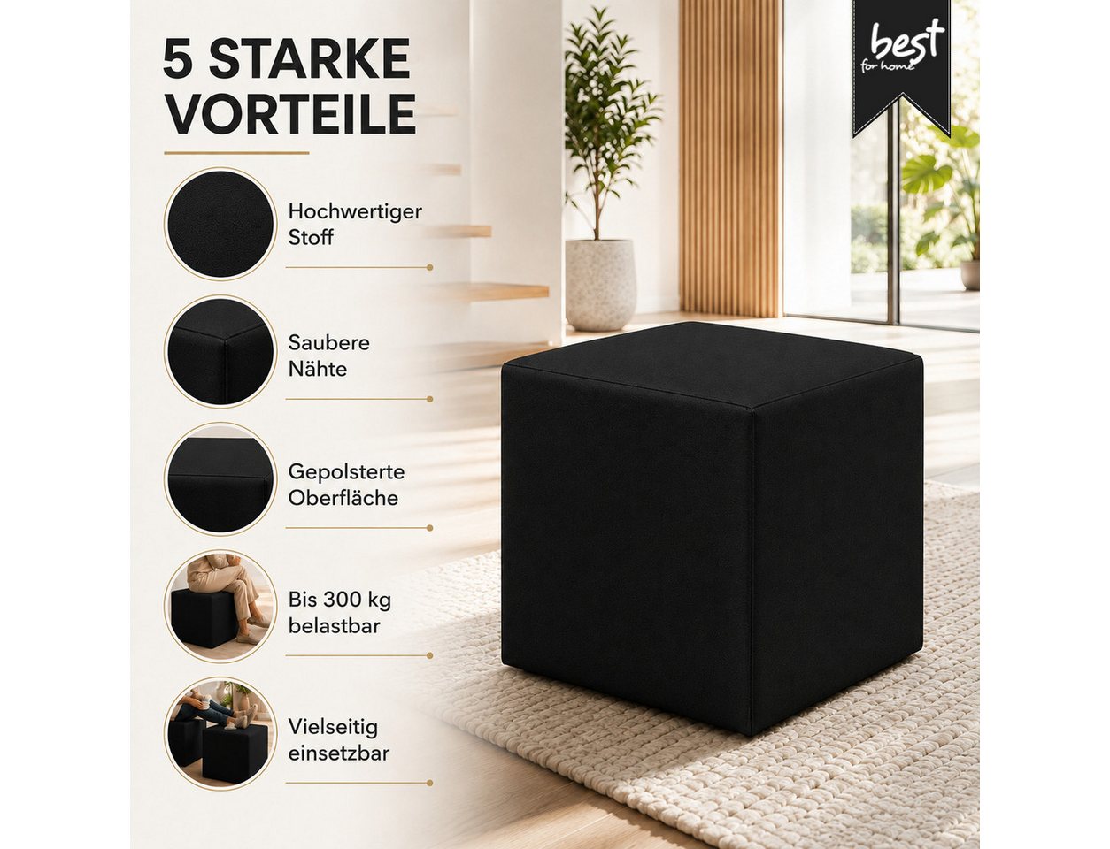 Best for Home Sitzhocker Cube Pouf – Stilvoller Samt Hocker & Fußhocker (Einzelstück, 1 St., verschiedene Farben), Handwerksqualität,TOP Preis-Leistungs-Verhält – Bild 2 von 5