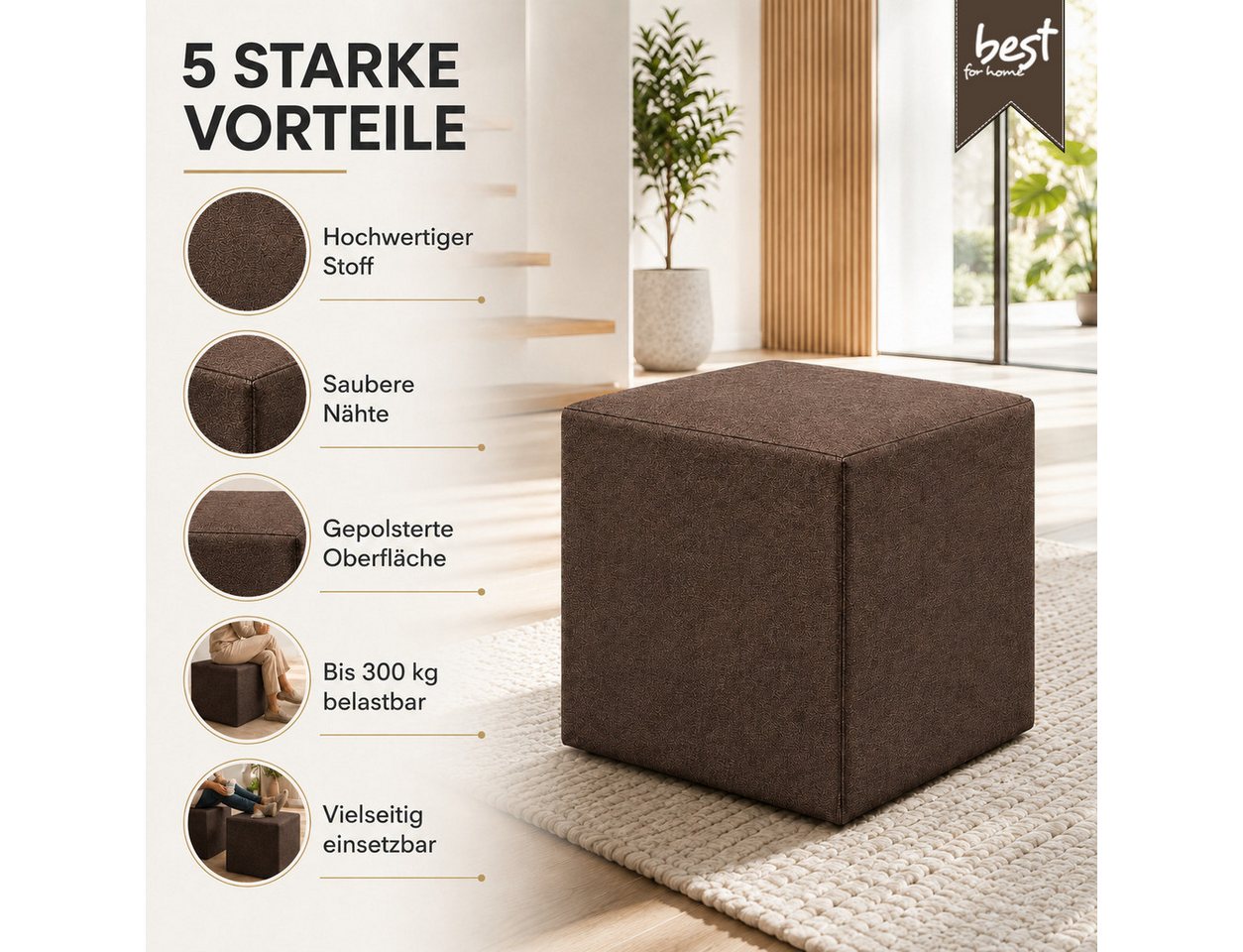 Best for Home Sitzhocker Cube Pouf – Stilvoller Samt Hocker & Fußhocker (Einzelstück, 1 St., verschiedene Farben), Handwerksqualität,TOP Preis-Leistungs-Verhält – Bild 2 von 5