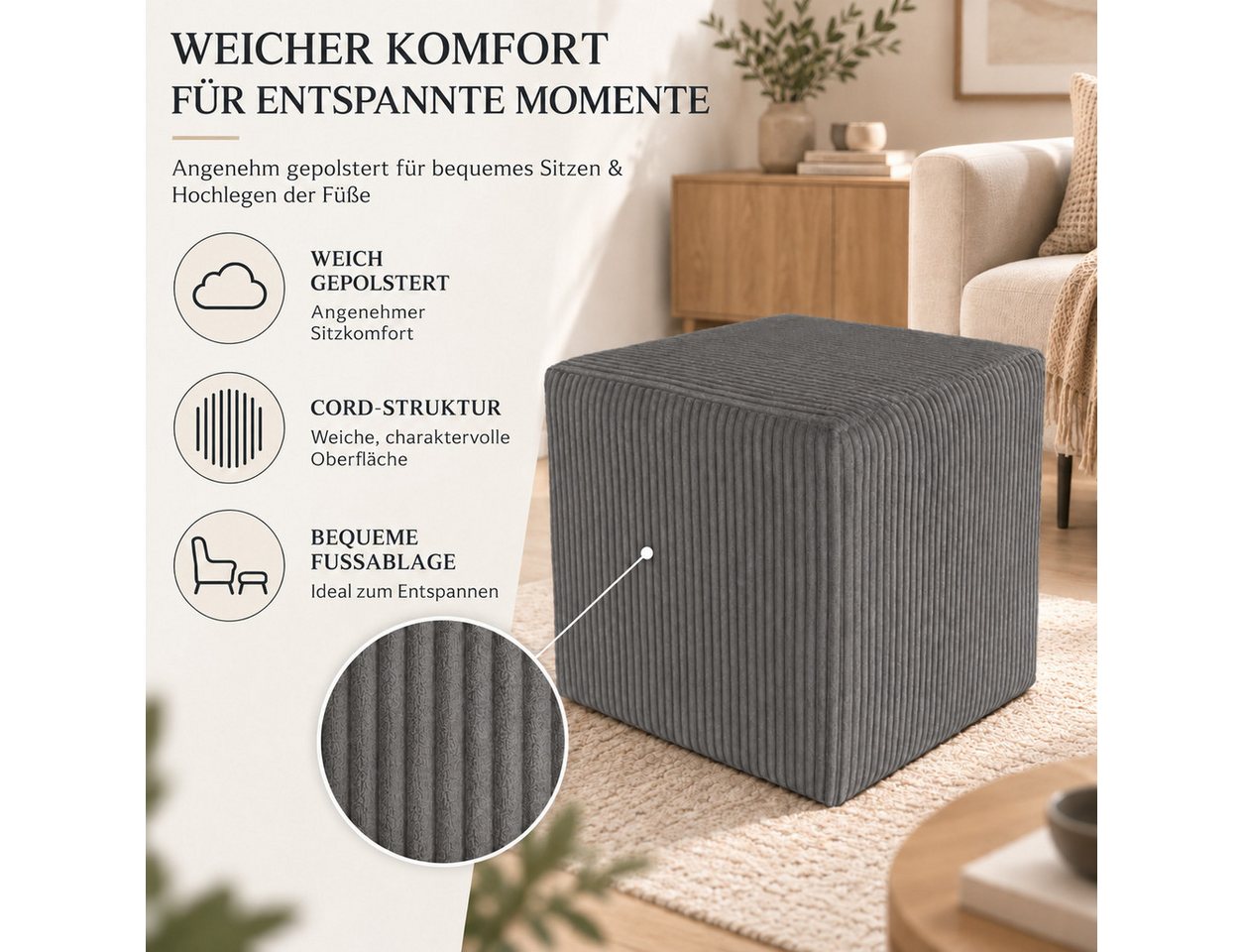 Best for Home Sitzwürfel Pouf Hocker – Samt, Fußhocker & Sitzpuff (Sitzwürfel / Pouf Hocker, 1 St., 1x Sitzwürfel / Pouf Hocker), multifunktional, Dekoelement,  – Bild 2 von 5