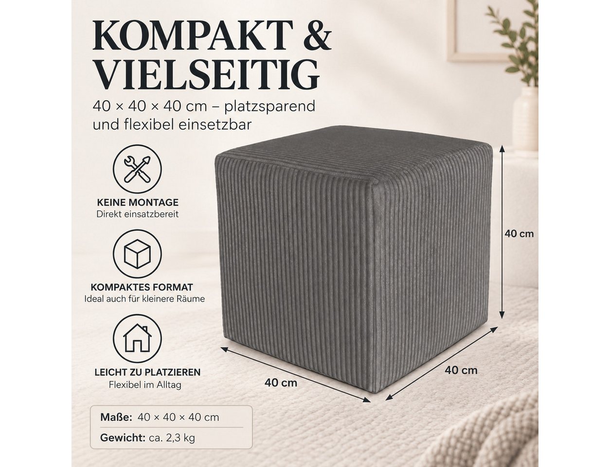Best for Home Sitzwürfel Pouf Hocker – Samt, Fußhocker & Sitzpuff (Sitzwürfel / Pouf Hocker, 1 St., 1x Sitzwürfel / Pouf Hocker), multifunktional, Dekoelement,  – Bild 3 von 5