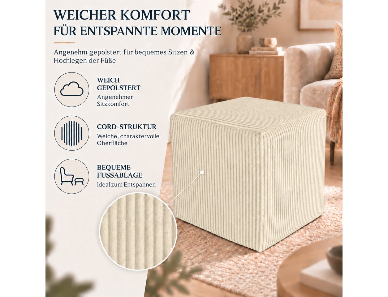 Best for Home Sitzwürfel Pouf Hocker – Samt, Fußhocker & Sitzpuff (Sitzwürfel / Pouf Hocker, 1 St., 1x Sitzwürfel / Pouf Hocker), multifunktional, Dekoelement,  – Bild 2 von 5