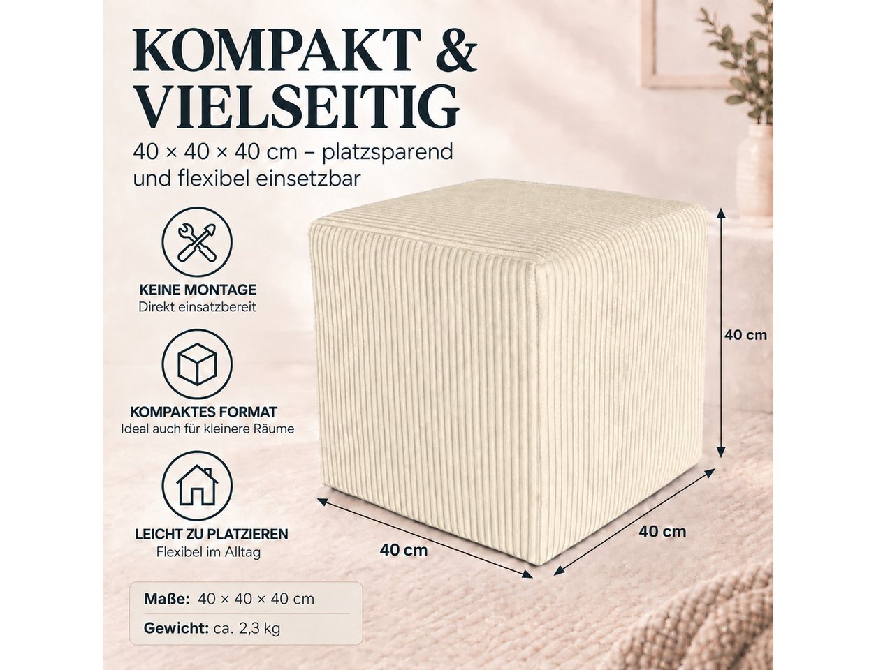 Best for Home Sitzwürfel Pouf Hocker – Samt, Fußhocker & Sitzpuff (Sitzwürfel / Pouf Hocker, 1 St., 1x Sitzwürfel / Pouf Hocker), multifunktional, Dekoelement,  – Bild 3 von 5