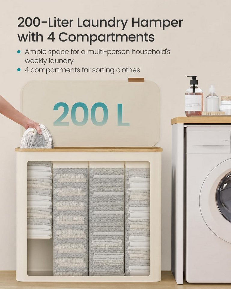 Best for Home Wäschekorb Wäschekorb mit Deckel, 200 Liter, 4 Fächer, Wäschesammler groß – Bild 2 von 3