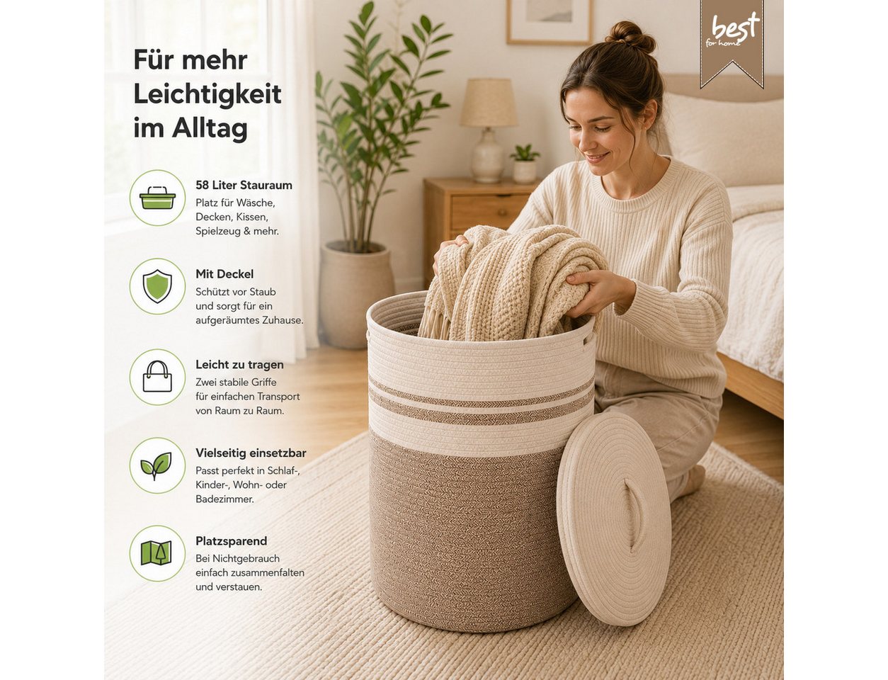 Best for Home Wäschekorb mit Deckel, faltbarer Wäschekorb, 58L, Wäschekapazität (Einzelartikel, 1 St., 1-teilig), Faltbar, mit Deckel, Tragegriffe – Bild 3 von 5