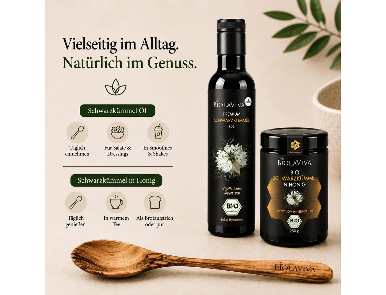 BIOLAVIVA Bestecklöffel BIOLAVIVA, Olivenholz Löffel – handgefertigt 20 cm, Geschenkidee, Jedes Stück ein Unikat, Natürliche individuelle Maserung – Bild 3 von 5