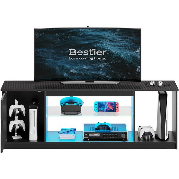 Bestier Lowboard TV-Schrank, Fernsehschrank mit RGB-LED (Breite 144,8 cm mit 2 offenen Fächern und 1 Tür), Fernsehtisch mit verstellbaren Glasböden für Wohnzimm