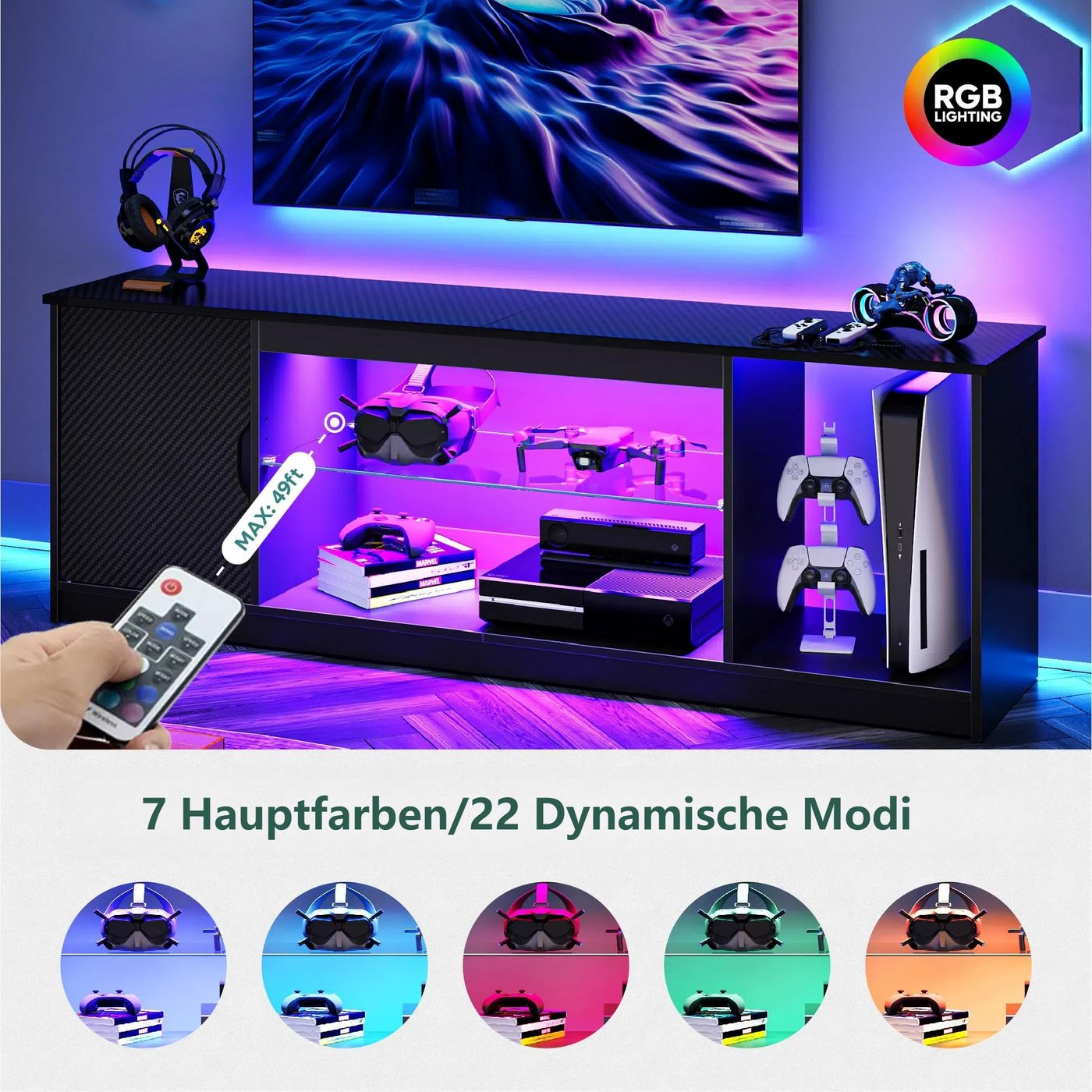 Bestier Lowboard TV-Schrank, Fernsehschrank mit RGB-LED (Breite 144,8 cm mit 2 offenen Fächern und 1 Tür), Fernsehtisch mit verstellbaren Glasböden für Wohnzimm – Bild 2 von 5