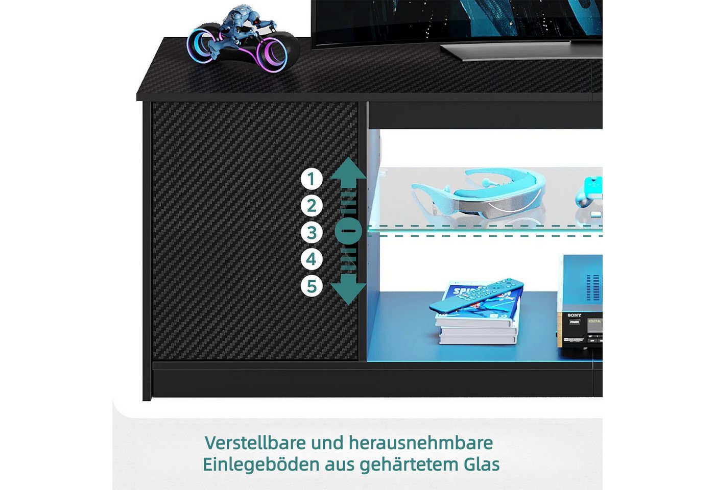 Bestier Lowboard TV-Schrank, Fernsehschrank mit RGB-LED (Breite 144,8 cm mit 2 offenen Fächern und 1 Tür), Fernsehtisch mit verstellbaren Glasböden für Wohnzimm – Bild 4 von 5