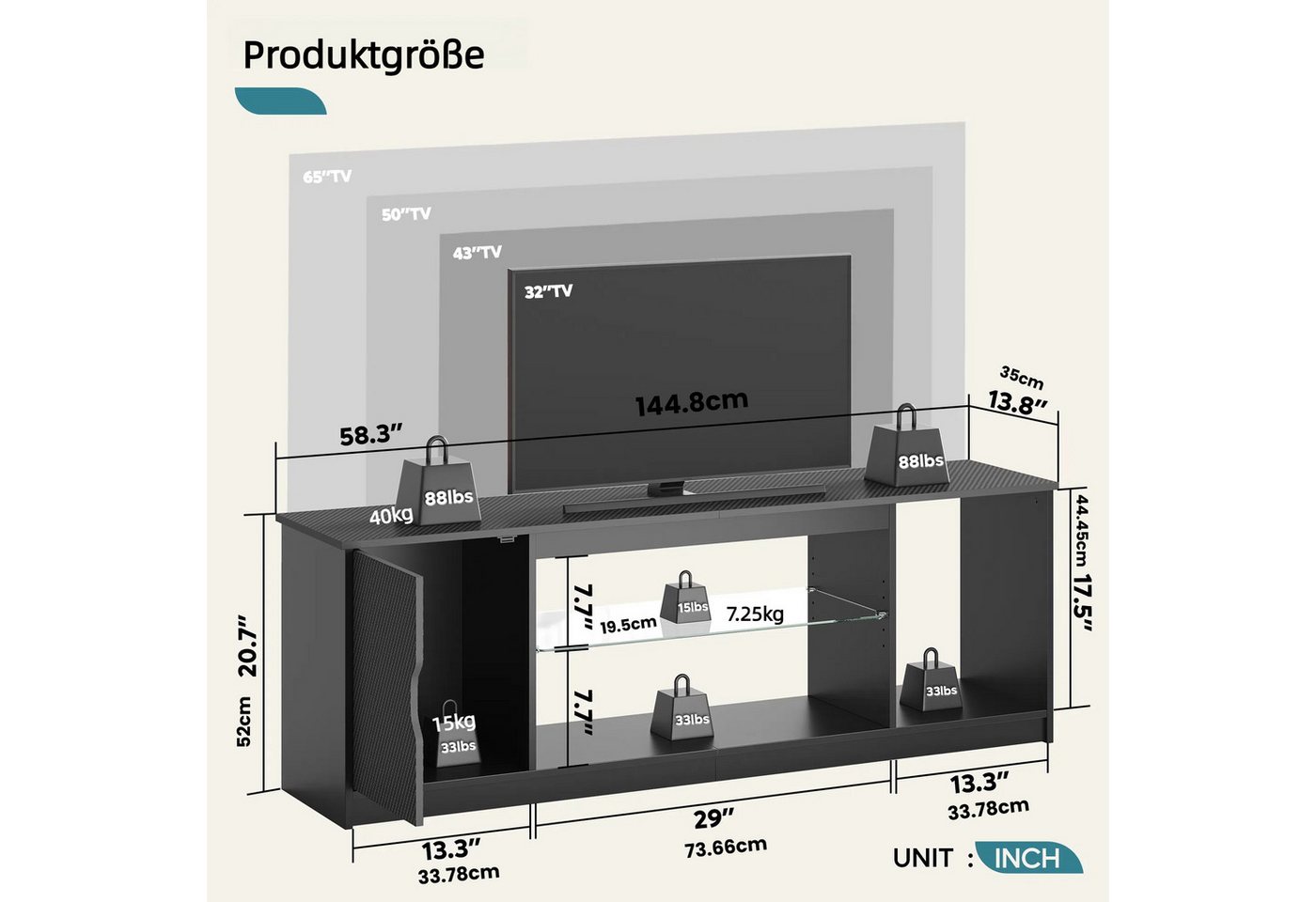Bestier Lowboard TV-Schrank, Fernsehschrank mit RGB-LED (Breite 144,8 cm mit 2 offenen Fächern und 1 Tür), Fernsehtisch mit verstellbaren Glasböden für Wohnzimm – Bild 5 von 5