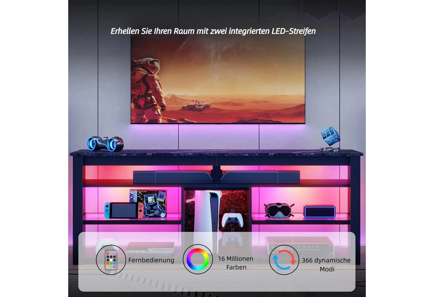 Bestier Lowboard TV-Schrank, Sideboard, Gaming TV Board mit LED-Beleuchtung (Breite 160 cm Fernsehtisch, 1 St, TV-Ständer für 55/60/65/70 Zoll Fernseher, mit 36 – Bild 2 von 5