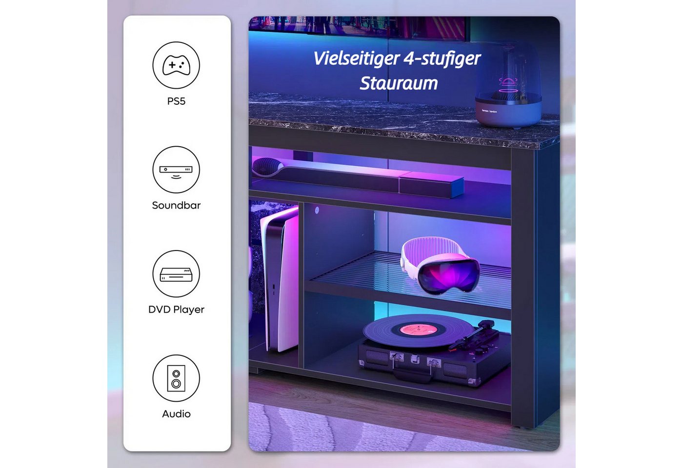 Bestier Lowboard TV-Schrank, Sideboard, Gaming TV Board mit LED-Beleuchtung (Breite 160 cm Fernsehtisch, 1 St, TV-Ständer für 55/60/65/70 Zoll Fernseher, mit 36 – Bild 3 von 5