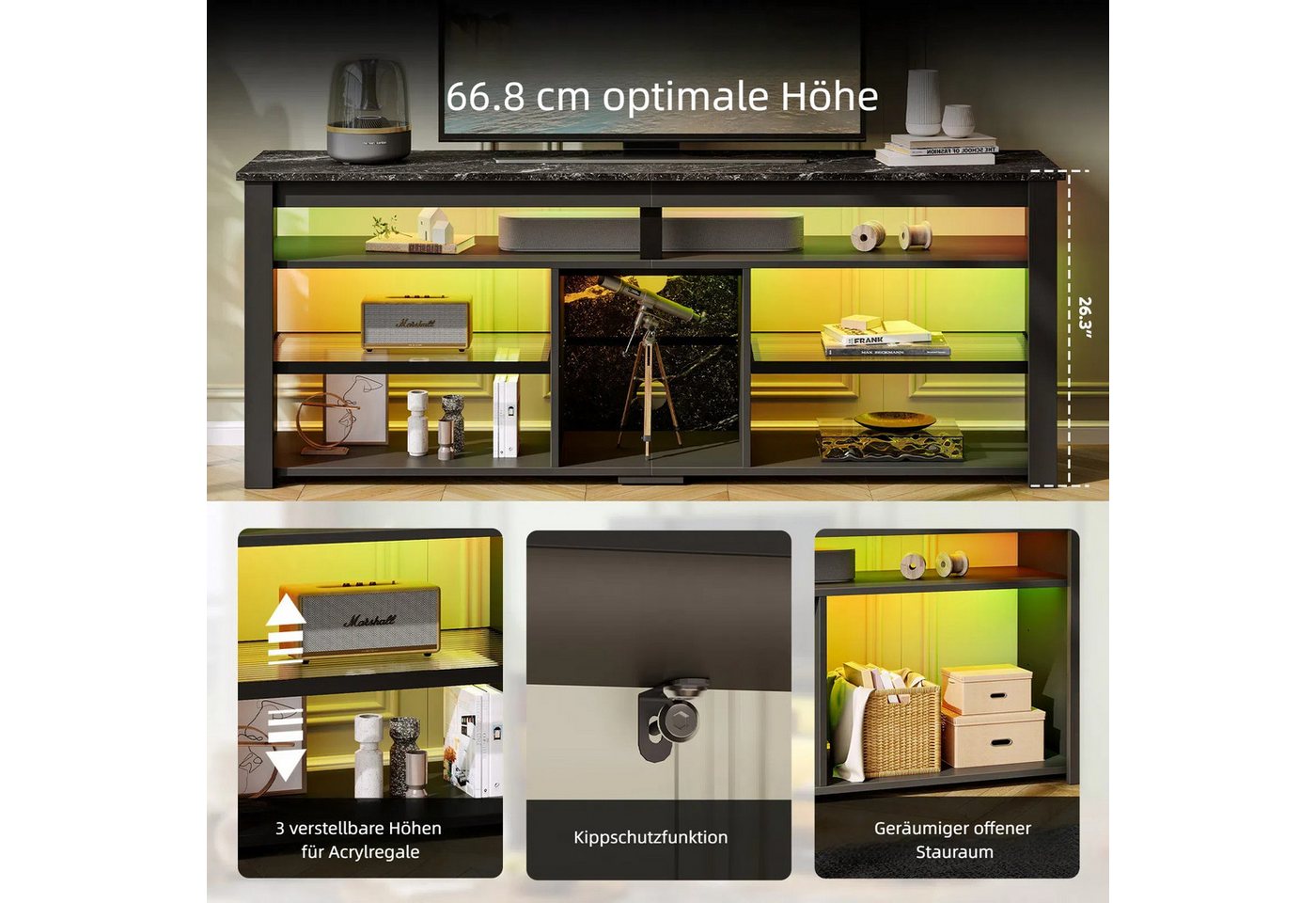 Bestier Lowboard TV-Schrank, Sideboard, Gaming TV Board mit LED-Beleuchtung (Breite 160 cm Fernsehtisch, 1 St, TV-Ständer für 55/60/65/70 Zoll Fernseher, mit 36 – Bild 4 von 5