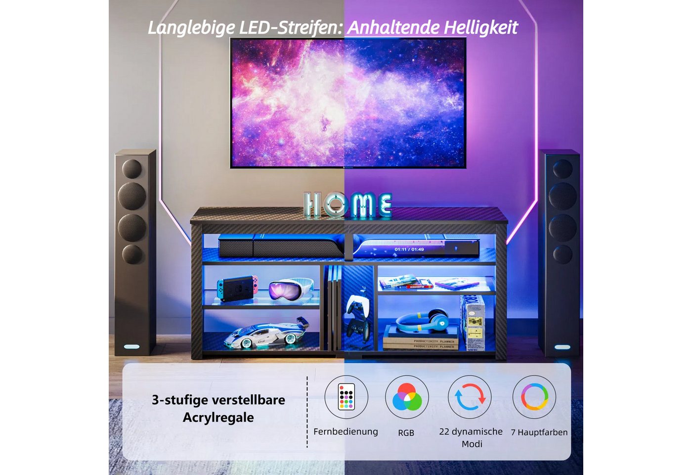 Bestier Lowboard TV-Schrank, Sideboard, Gaming TV Board mit LED-Beleuchtung (Breite 140 cm Fernsehtisch, 1 St, TV-Ständer für 55/60/65 Zoll Fernseher), Medien-T – Bild 2 von 5