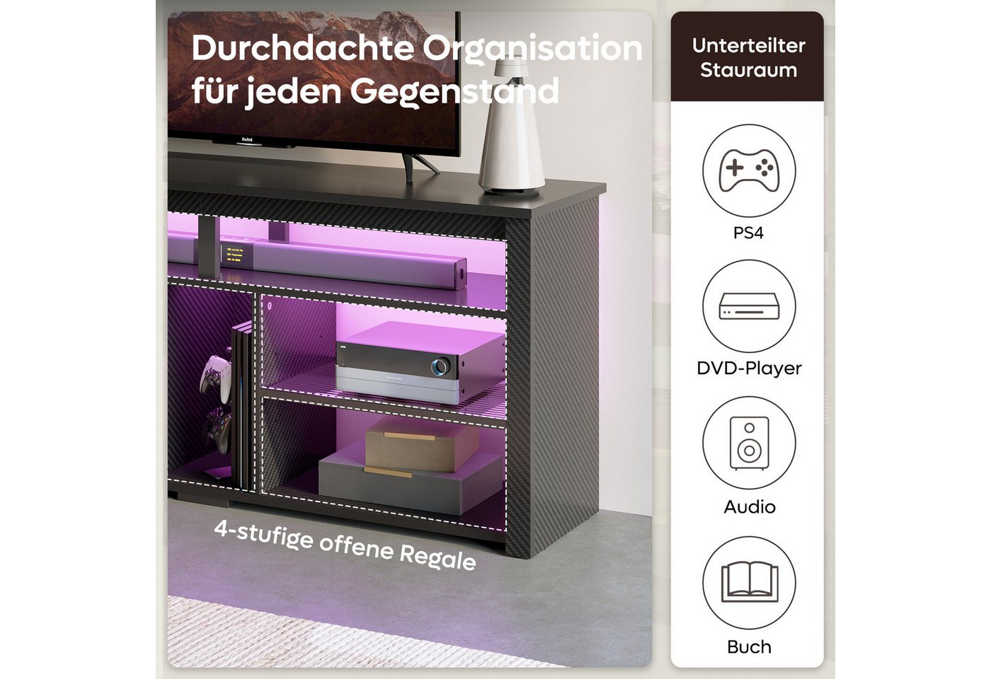Bestier Lowboard TV-Schrank, Sideboard, Gaming TV Board mit LED-Beleuchtung (Breite 140 cm Fernsehtisch, 1 St, TV-Ständer für 55/60/65 Zoll Fernseher), Medien-T – Bild 3 von 5