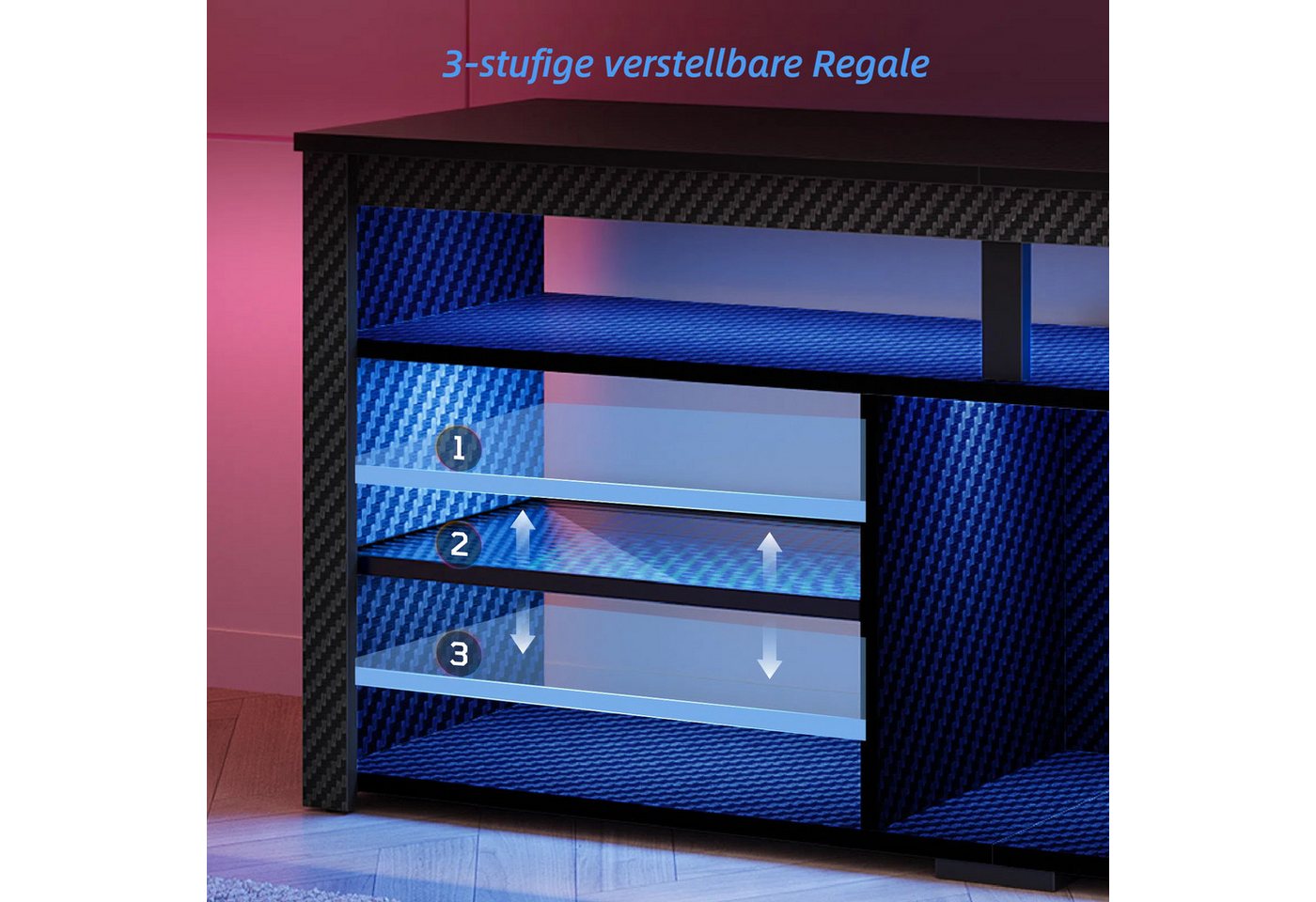 Bestier Lowboard TV-Schrank, Sideboard, Gaming TV Board mit LED-Beleuchtung (Breite 140 cm Fernsehtisch, 1 St, TV-Ständer für 55/60/65 Zoll Fernseher), Medien-T – Bild 5 von 5