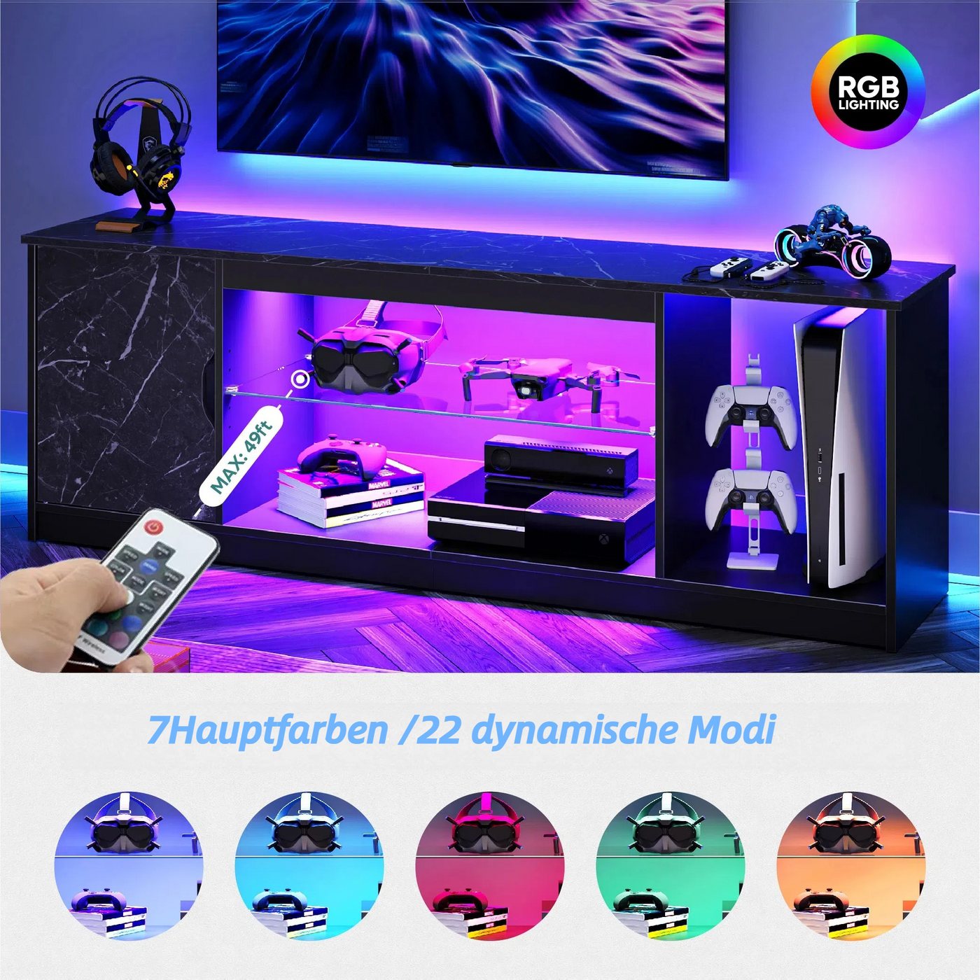 Bestier Lowboard TV-Schrank, Fernsehschrank mit RGB-LED (Breite 144,8 cm mit 2 offenen Fächern und 1 Tür), Fernsehtisch mit verstellbaren Glasböden für Wohnzimm – Bild 2 von 5