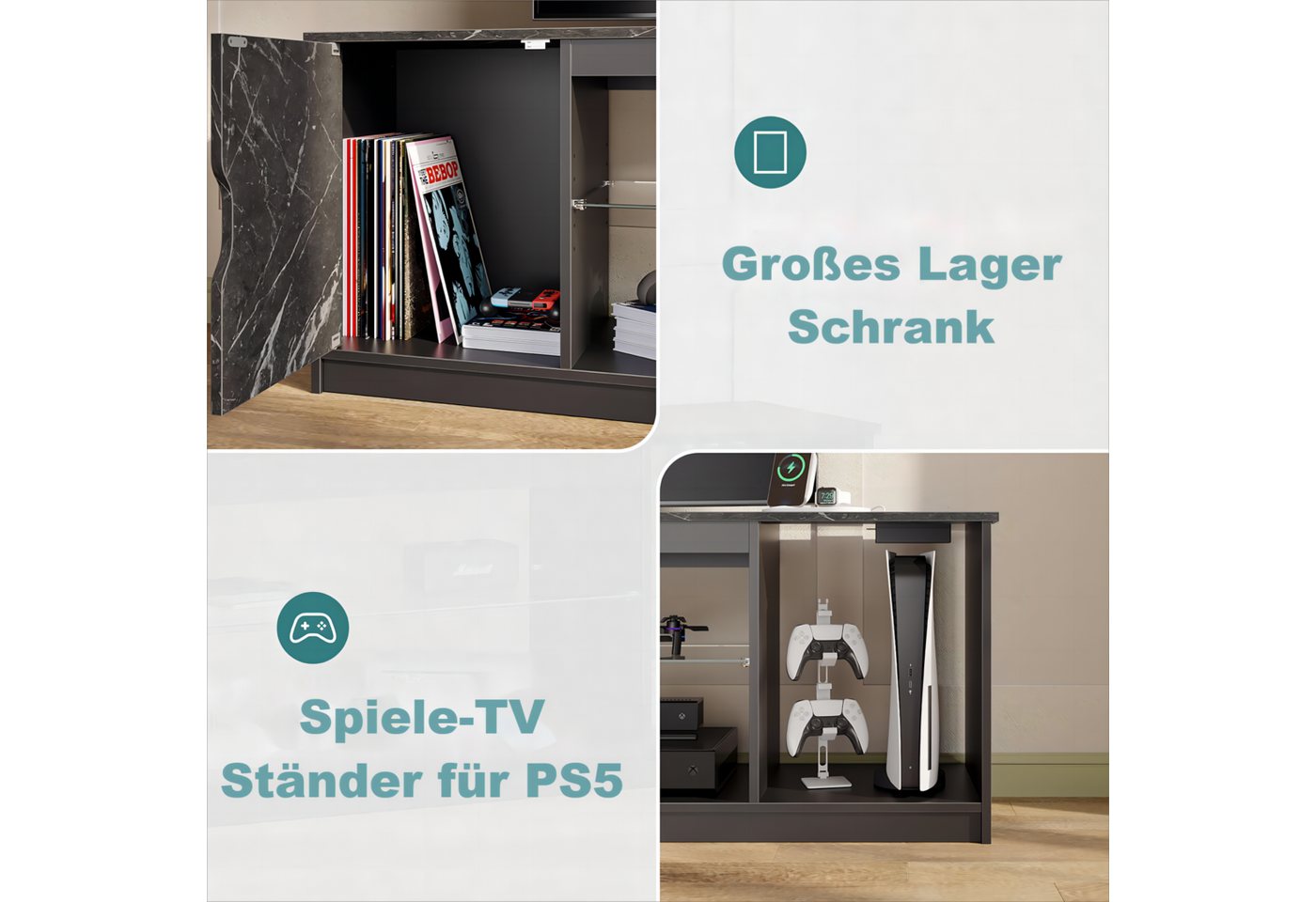 Bestier Lowboard TV-Schrank, Fernsehschrank mit RGB-LED (Breite 144,8 cm mit 2 offenen Fächern und 1 Tür), Fernsehtisch mit verstellbaren Glasböden für Wohnzimm – Bild 3 von 5