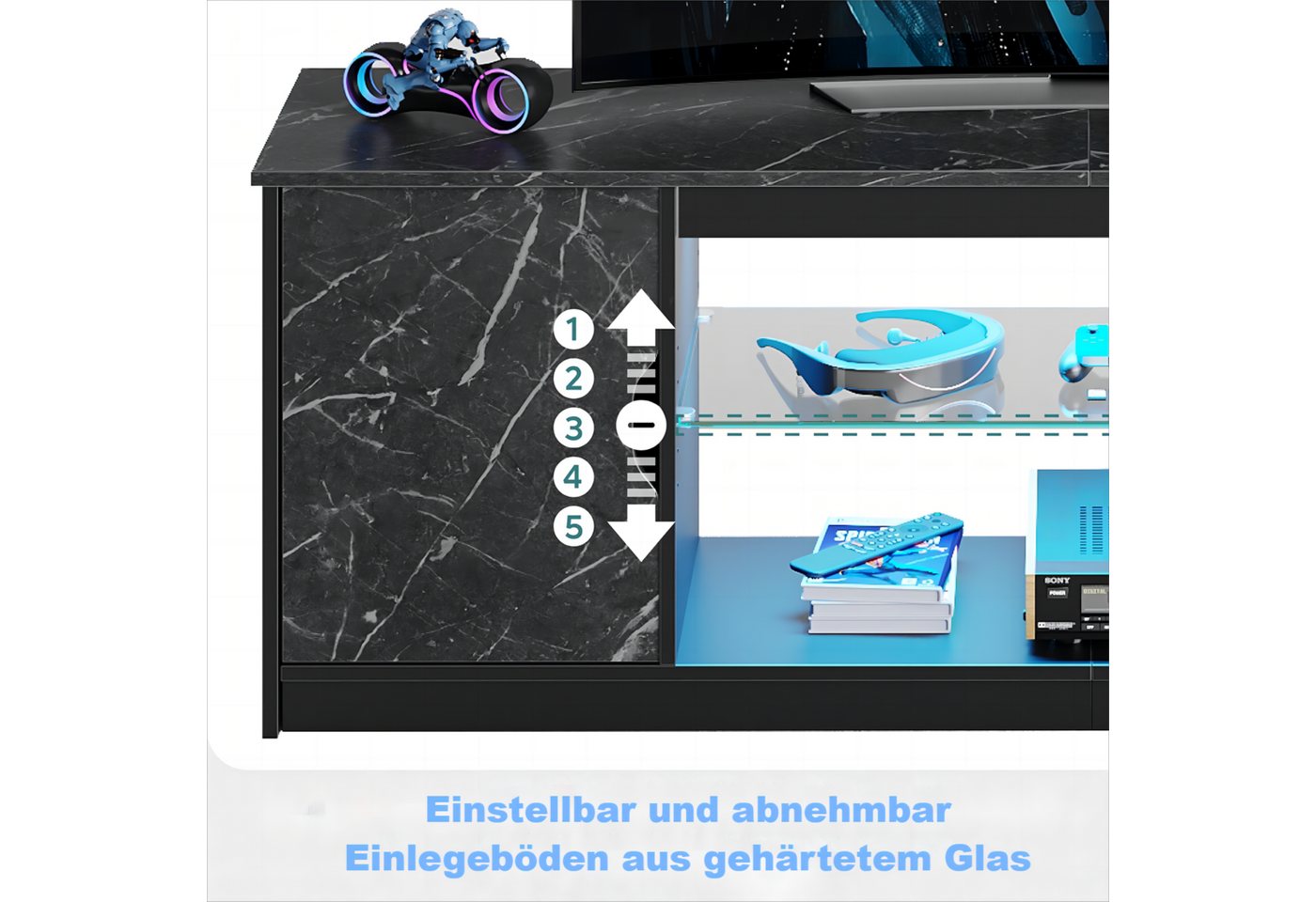 Bestier Lowboard TV-Schrank, Fernsehschrank mit RGB-LED (Breite 144,8 cm mit 2 offenen Fächern und 1 Tür), Fernsehtisch mit verstellbaren Glasböden für Wohnzimm – Bild 4 von 5