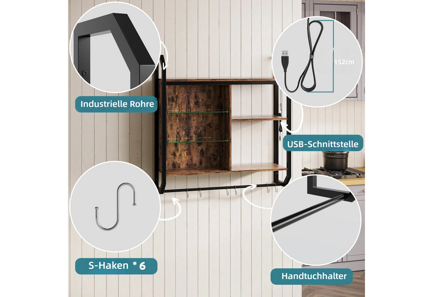 Bestier Wandregal Küchenregal, LED-Gaming-Regale (19.8 x 84 x 88.6 cm) mit verstellbarem, Badezimmer Regal, Schweberegal für Gaming Zimmer, Wein, Kaffee Bar – Bild 5 von 5