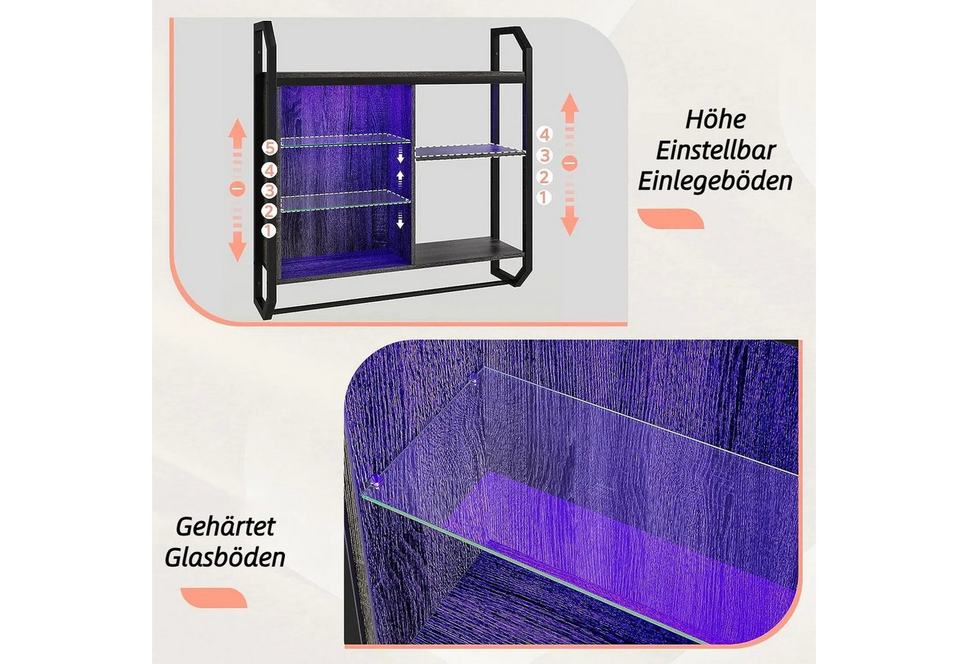Bestier Wandregal Küchenregal, LED-Gaming-Regale (19.8 x 84 x 88.6 cm) mit verstellbarem, Badezimmer Regal, Schweberegal für Gaming Zimmer, Wein, Kaffee Bar – Bild 4 von 5
