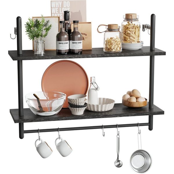 Bestier Wandregal Wandboard Holz, Küchenregal, Wandregal Badezimmer Metall, Schwebendes Regal Wandmontage, Bücherregal mit Handtuchhalter und Haken, Kaffeebar R