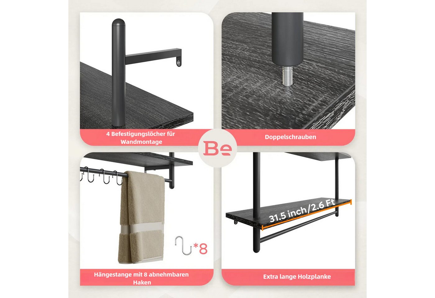 Bestier Wandregal Wandboard Holz, Küchenregal, Wandregal Badezimmer Metall, Schwebendes Regal Wandmontage, Bücherregal mit Handtuchhalter und Haken, Kaffeebar R – Bild 2 von 5
