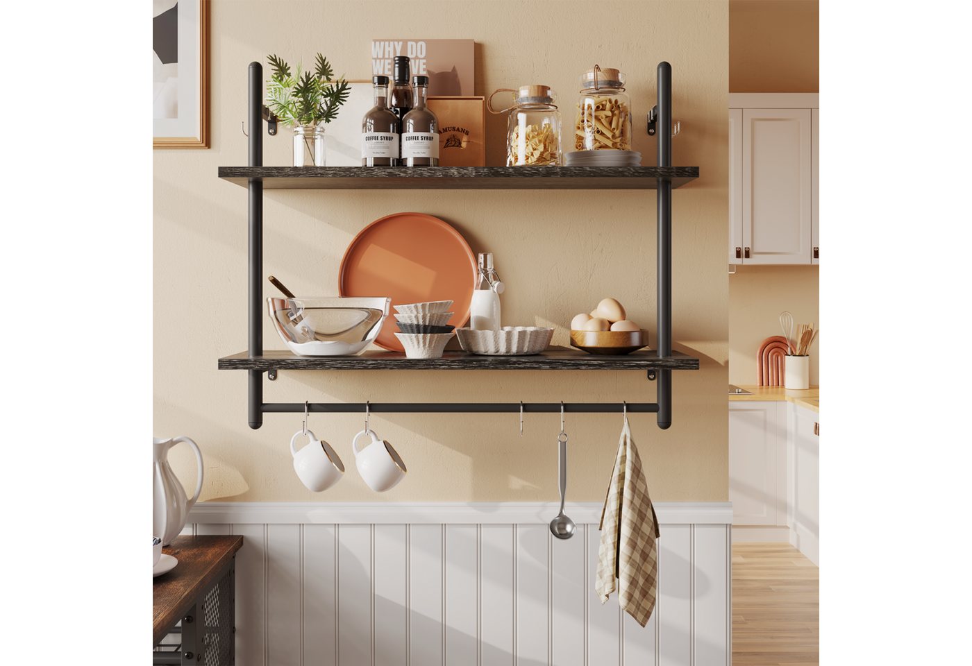 Bestier Wandregal Wandboard Holz, Küchenregal, Wandregal Badezimmer Metall, Schwebendes Regal Wandmontage, Bücherregal mit Handtuchhalter und Haken, Kaffeebar R – Bild 3 von 5