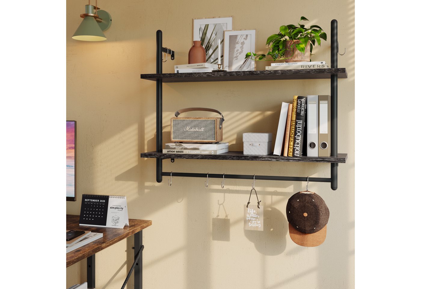 Bestier Wandregal Wandboard Holz, Küchenregal, Wandregal Badezimmer Metall, Schwebendes Regal Wandmontage, Bücherregal mit Handtuchhalter und Haken, Kaffeebar R – Bild 4 von 5