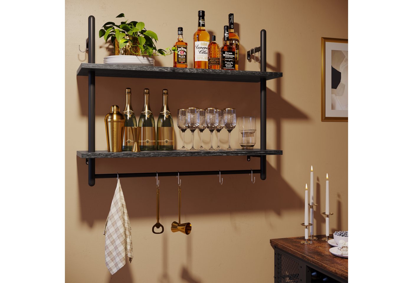 Bestier Wandregal Wandboard Holz, Küchenregal, Wandregal Badezimmer Metall, Schwebendes Regal Wandmontage, Bücherregal mit Handtuchhalter und Haken, Kaffeebar R – Bild 5 von 5