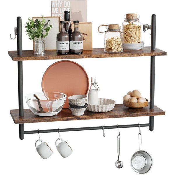 Bestier Wandregal Wandboard Holz, Küchenregal, Wandregal Badezimmer Metall, Schwebendes Regal Wandmontage, Bücherregal mit Handtuchhalter und Haken, Kaffeebar R