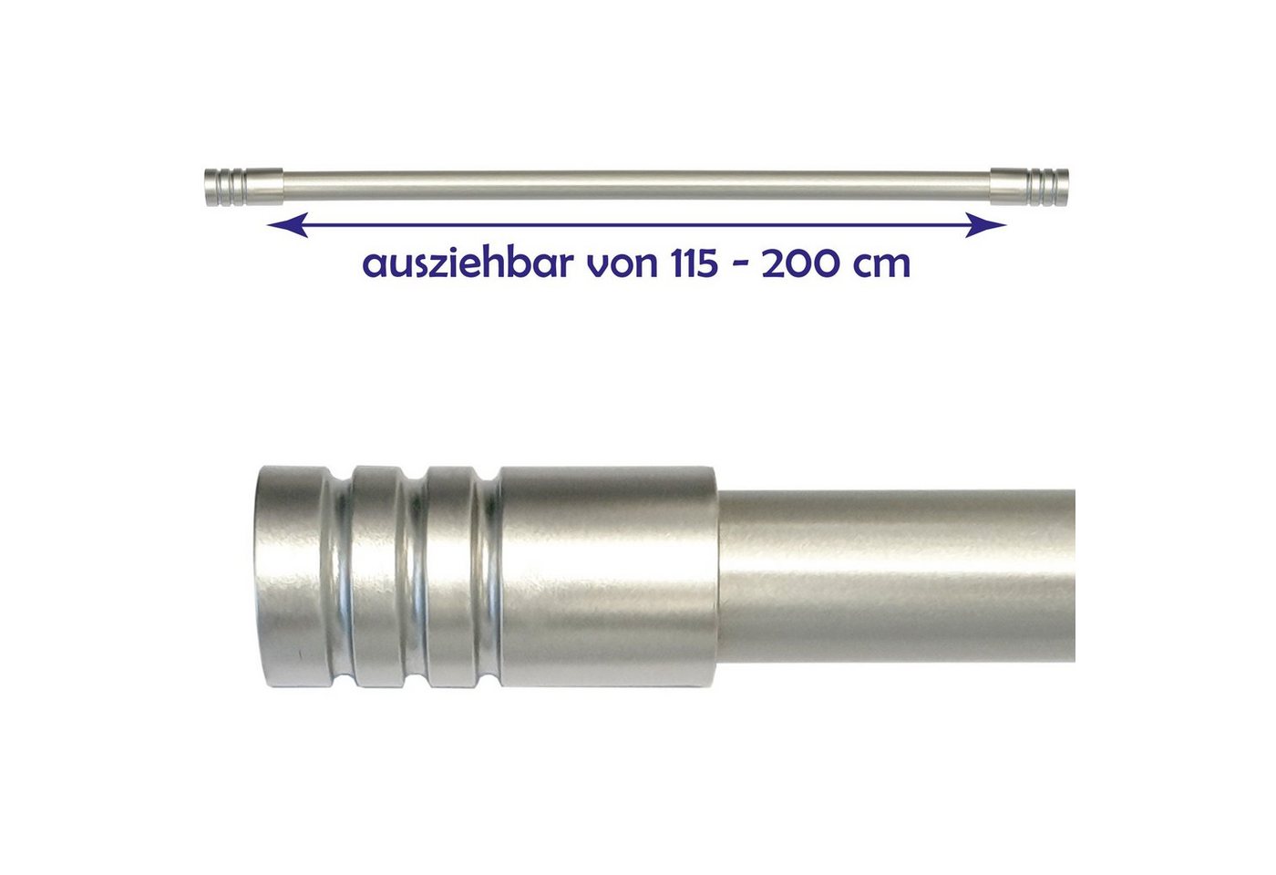 Bestlivings Gardinenstange Modern, Ø 19 mm, 1-läufig, ausziehbar, Wandmontage, verschraubt, Metall, Gardinenstange "Modern" ausziehbar 115 bis 200 cm, Durchmess – Bild 4 von 5
