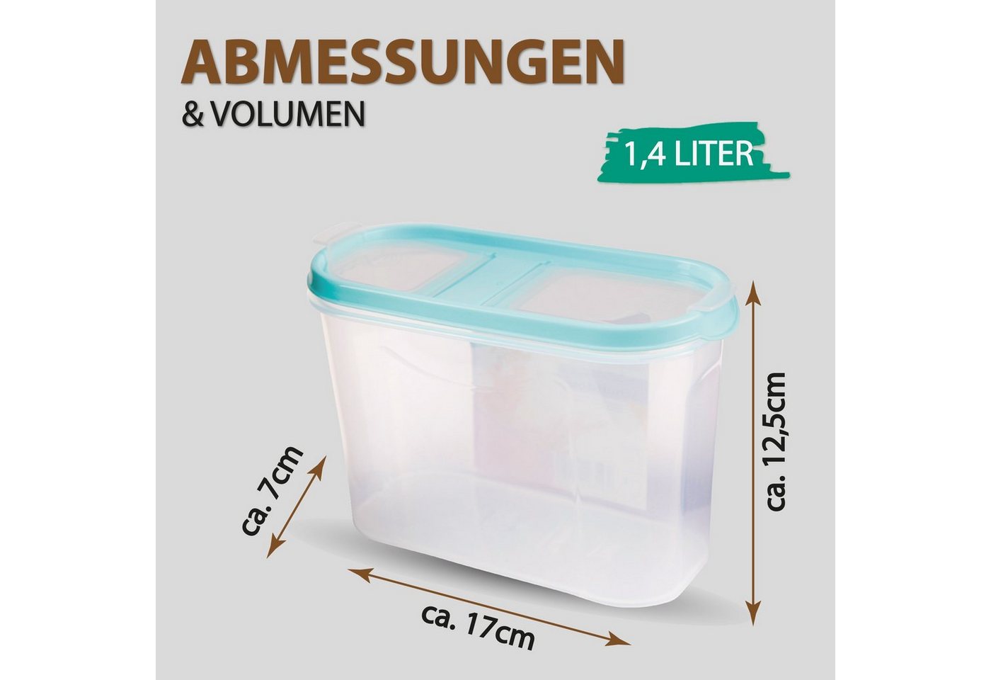 Bestlivings Vorratsdose Müslispender 1,4L - 4,5L, Kunststoff, (6-tlg., 1,4 Liter (7cm x 17cm x 12,5cm), Schüttdose für Lebensmittel, Vorratsbehälter Set - Frisc – Bild 4 von 5
