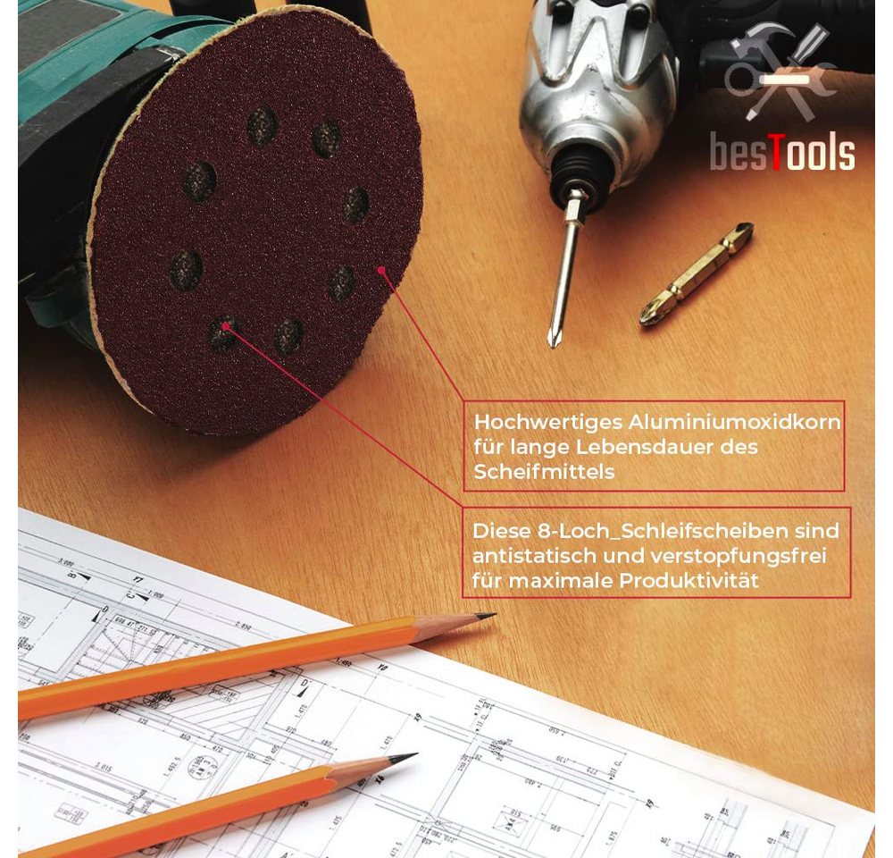 bestTools Schleifpapier Set Schleifpapier Rund Körnung 40-240 für, Präzises Schleifen von Holz, Kunststoff, Trockenbau und mehr – Bild 5 von 5