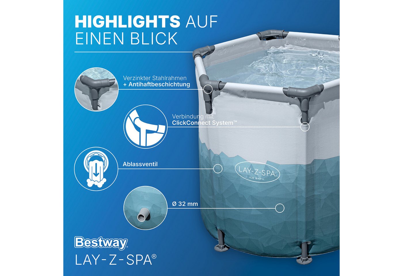 Bestway Pool LAY-Z-SPA Eisbad Glacial Dip (Set, mit Filterpumpe, Ø 90 x 80 cm), Integrierter Ganzjahresschutz Polar-Shield – Bild 5 von 5