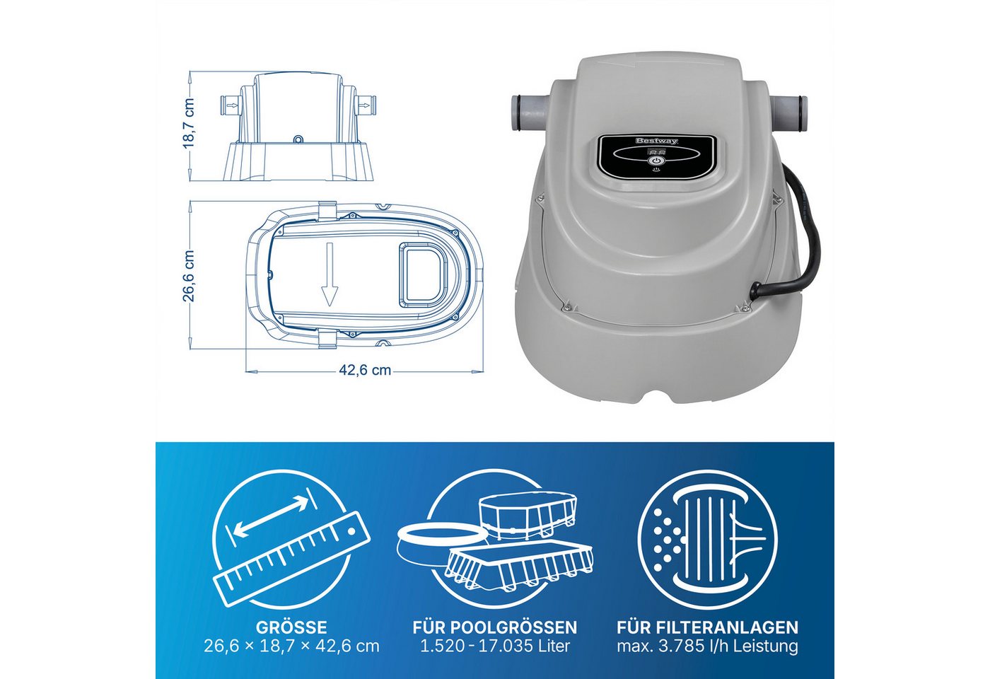Bestway Pool-Wärmepumpe 2.800 W (Packung, für Pools von 1.520-17.035 l & Filteranlagen von max. 3.785 l/h), Max. Heizleistung: 40 °C – Bild 3 von 5