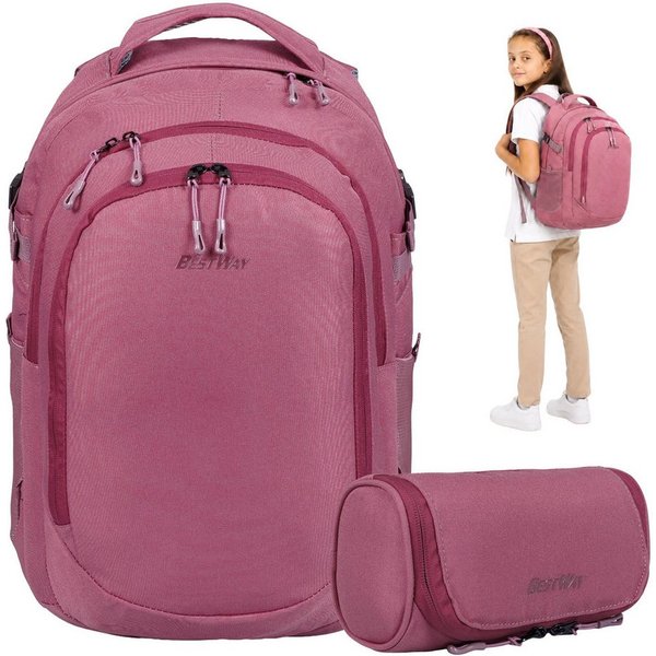 BESTWAY Schulrucksack Mädchen Jungen Schultasche Schulmappe Rucksack (2 Teile Set: Schulrucksack + Mäppchen), Schulrucksackset Mappe Campus Evo 2T Set 40352 rm