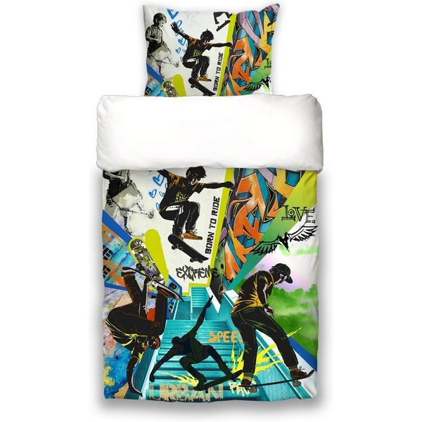 beties Jugendbettwäsche Graffiti, 100% feinste Baumwolle, 2 teilig, Wendebettwäsche-Set ca. 155x220 cm + 80x80 cm Graffiti-Skateboard