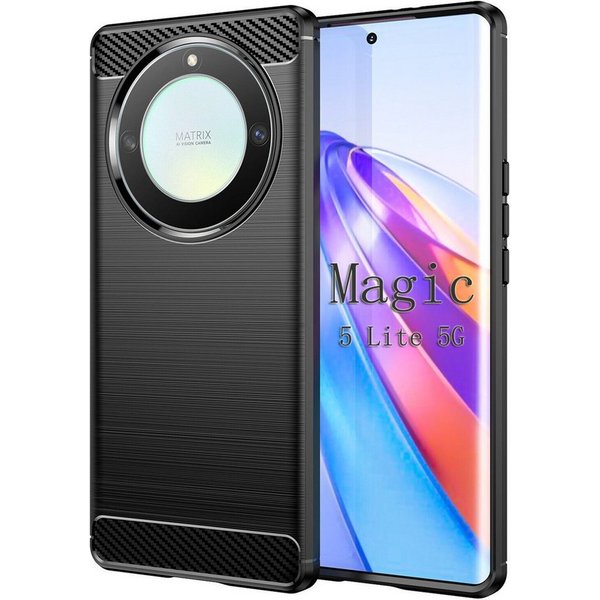 betterfon Handyhülle Carbon Hülle für Honor Magic 5 Lite 5G Backcover TPU Silikon Schwarz, Carbon-Look – stoßfestes Case mit Air-Cushion & Metall-Optik