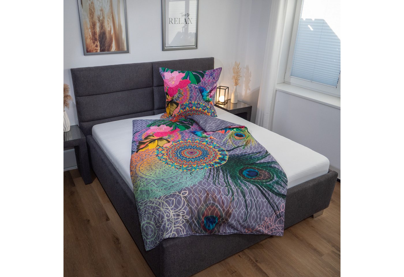 ZO HOME Bettwäsche ZO!Home, Renforcé, 2 teilig, Kolibri, bunte Mandalas auf grauem Hintergrund – Bild 3 von 5
