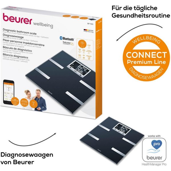 BEURER Körper-Analyse-Waage BF 720 Messung von Körperfett, Muskelanteil, Kalorienanzeige usw., Körperanalyse, mit App zur Übertragung und Tracking der Messwerte