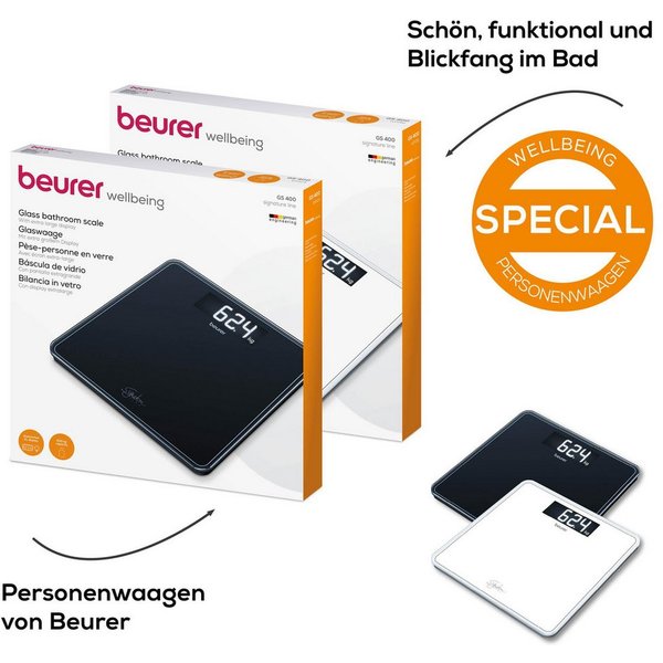 BEURER Personenwaage GS 400, große Trittfläche mit 8 mm weißem Sicherheitsglas, XL-Display, Tragkraft bis 200 kg und praktische Einschaltautomatik