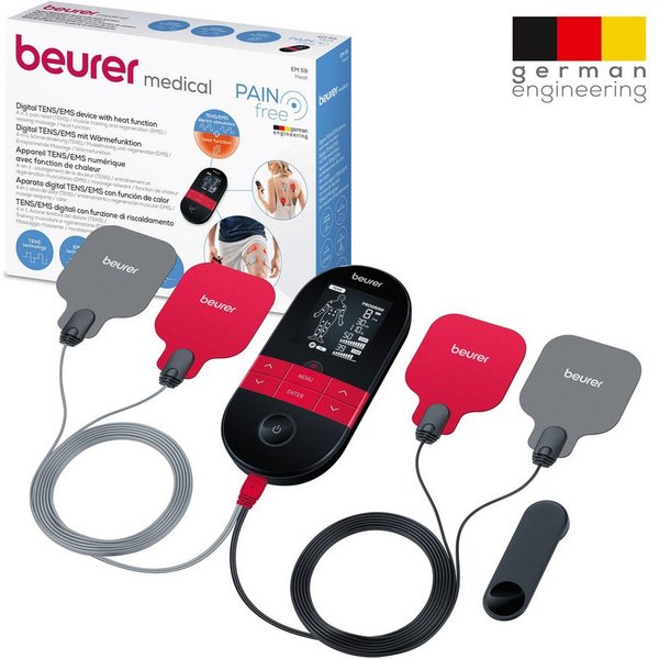 BEURER TENS-EMS-Gerät EM 59 Heat, Reizstromgerät mit Wärmefunktion und 4 Elektroden, 3-in-1: TENS (Schmerzlinderung), EMS (Muskelstimulation) und Massage