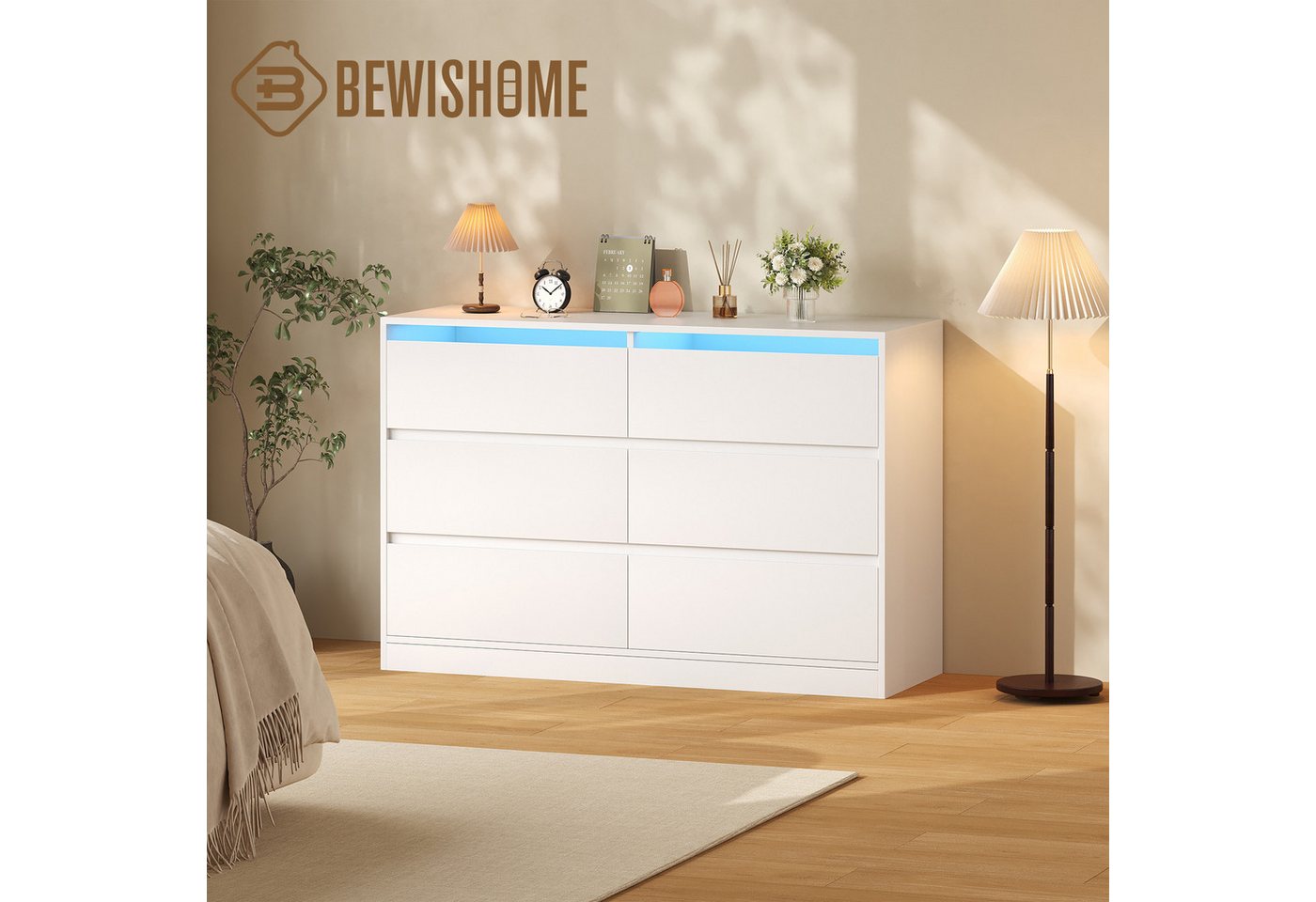 BEWISHOME Kommode mit integrierter LED-Beleuchtung, 6 Schubladen, 108 x 40 x 75 cm (1 St), Modernes Sideboard mit RGB-Licht und Kippschutz – Bild 4 von 5