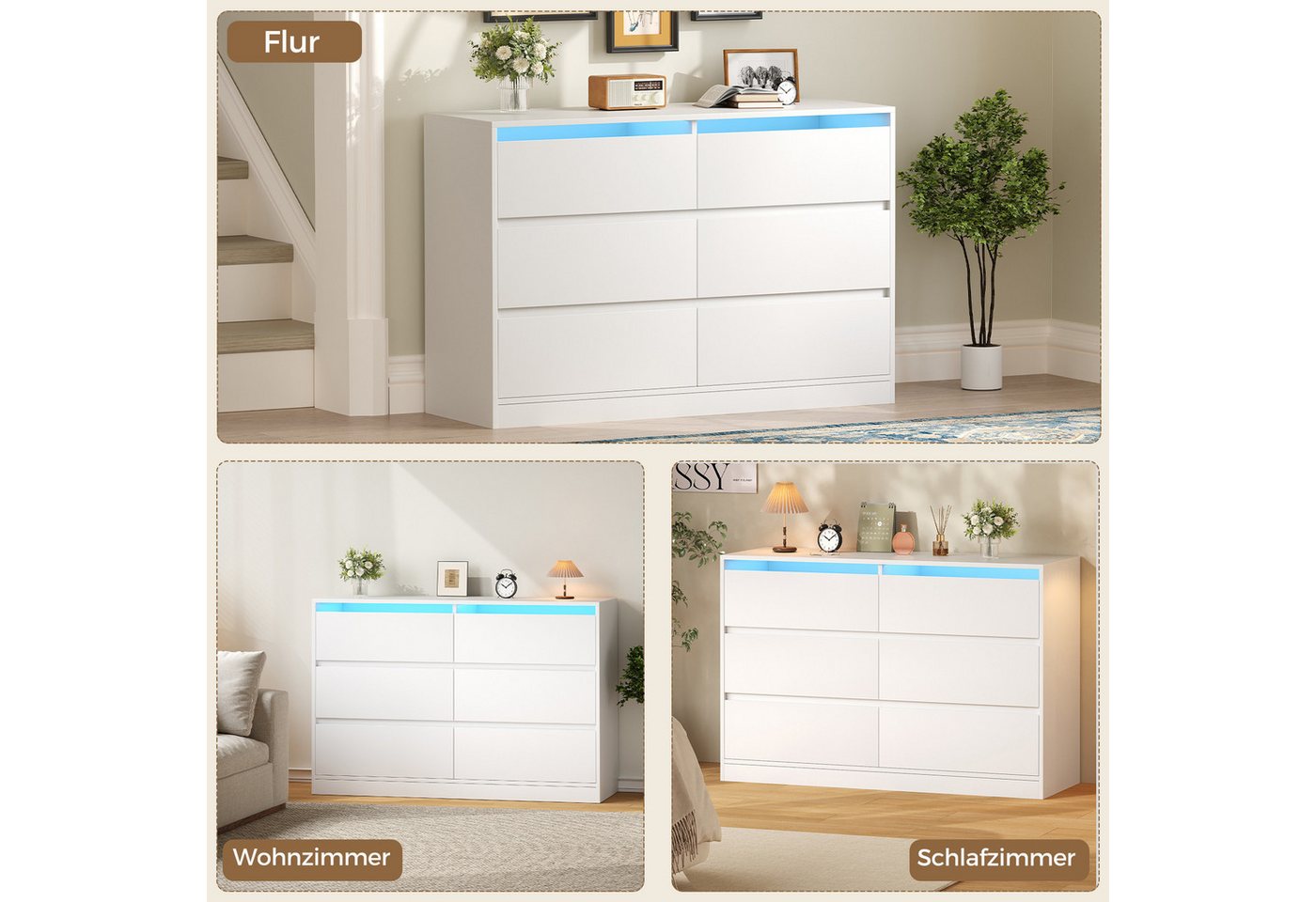 BEWISHOME Kommode mit integrierter LED-Beleuchtung, 6 Schubladen, 108 x 40 x 75 cm (1 St), Modernes Sideboard mit RGB-Licht und Kippschutz – Bild 5 von 5