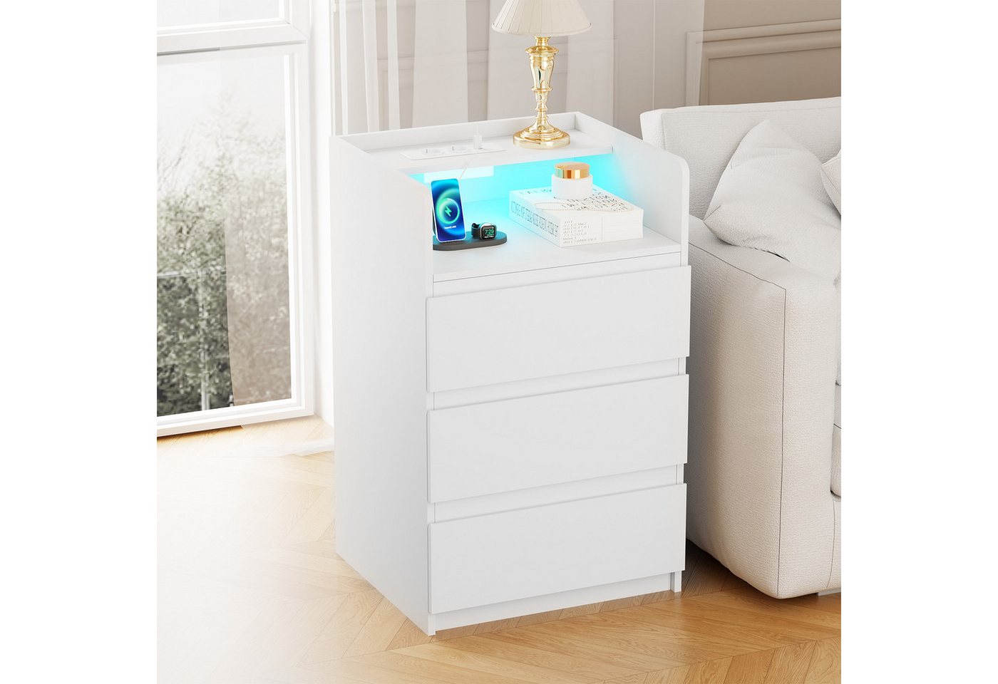 BEWISHOME Nachttisch mit LED-Beleuchtung, Steckdosen & USB-Anschlüssen, 40x35x68cm (2-St), Moderner Schlafzimmerschrank mit Stauraum – Bild 3 von 5