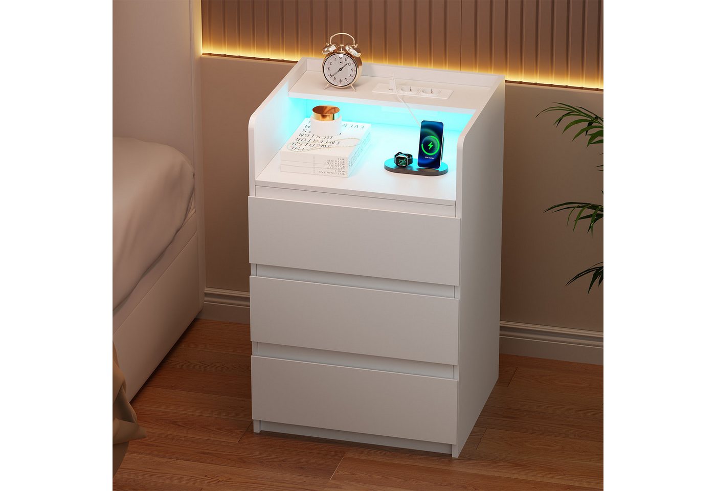 BEWISHOME Nachttisch mit LED-Beleuchtung, Steckdosen & USB-Anschlüssen, 40x35x68cm (2-St), Moderner Schlafzimmerschrank mit Stauraum – Bild 4 von 5