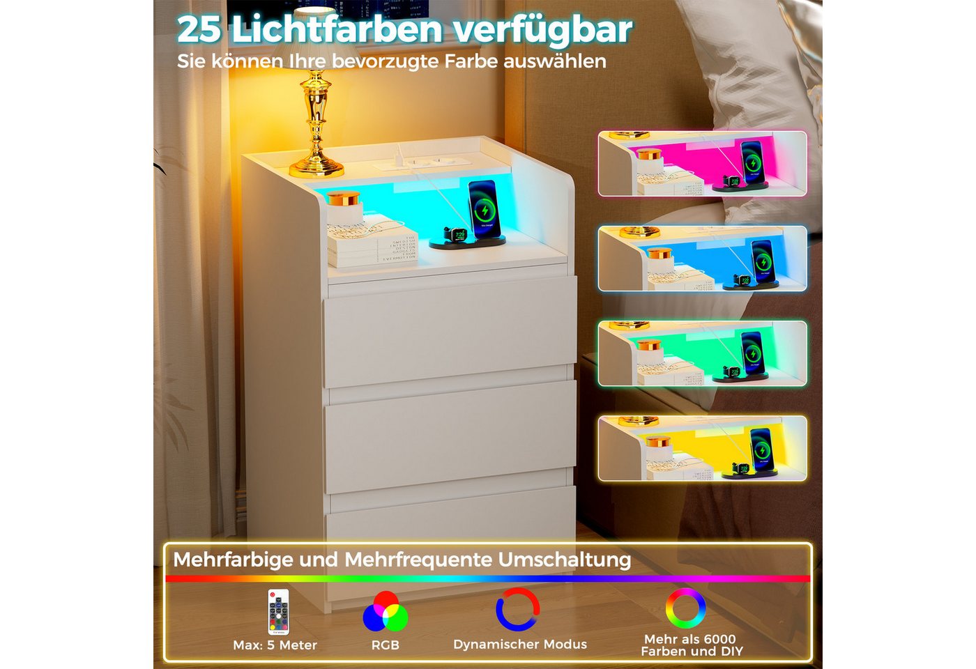 BEWISHOME Nachttisch mit LED-Beleuchtung, Steckdosen & USB-Anschlüssen, 40x35x68cm (2-St), Moderner Schlafzimmerschrank mit Stauraum – Bild 5 von 5