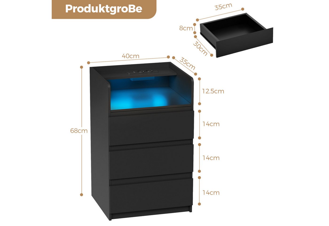 BEWISHOME Nachttisch mit LED-Beleuchtung, Steckdosen & USB-Anschlüssen, 40x35x68cm (2-St), Moderner Schlafzimmerschrank mit Stauraum – Bild 2 von 5