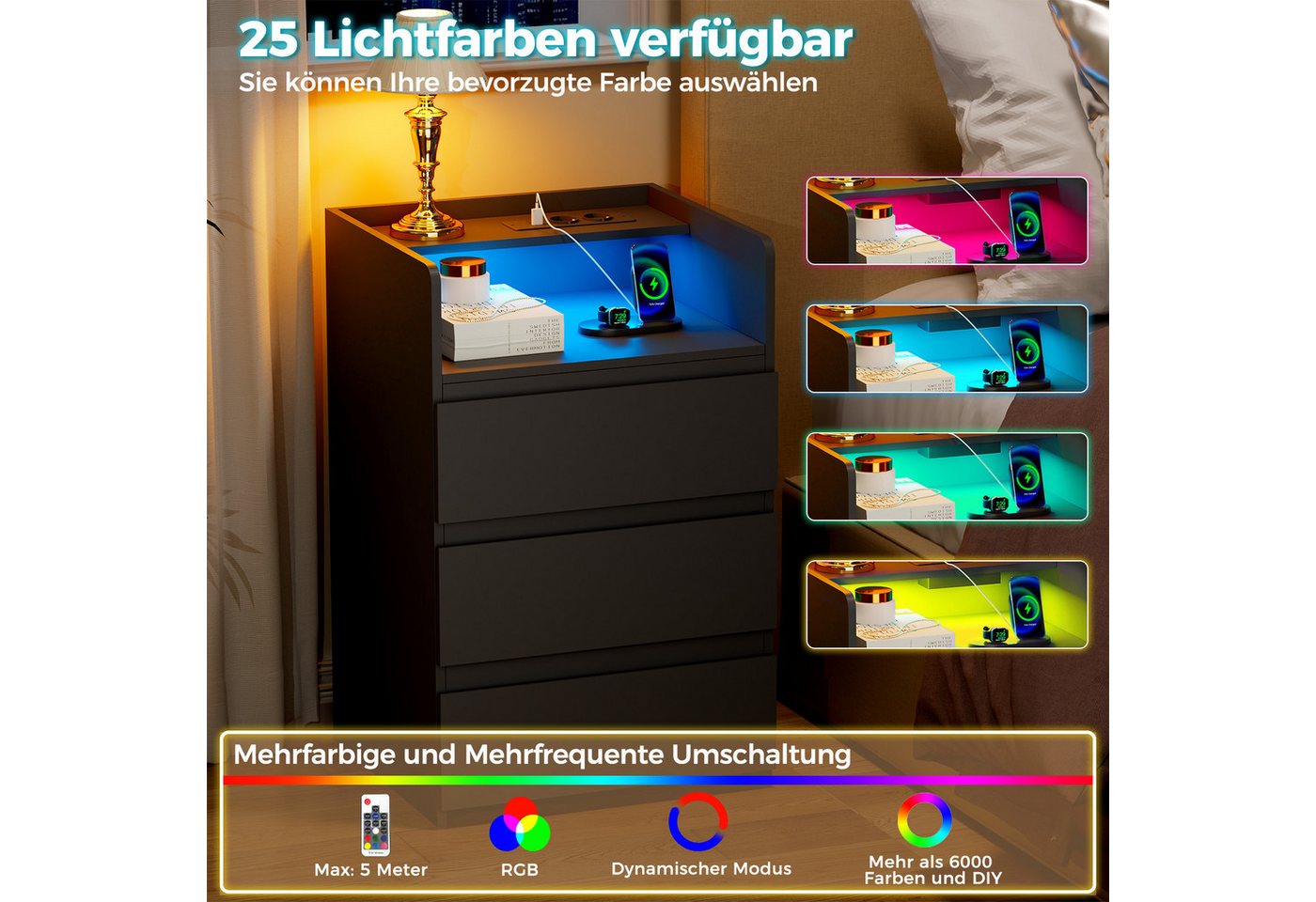 BEWISHOME Nachttisch mit LED-Beleuchtung, Steckdosen & USB-Anschlüssen, 40x35x68cm (2-St), Moderner Schlafzimmerschrank mit Stauraum – Bild 5 von 5